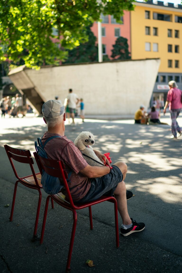 Mann mit Hund auf Parkbank in urbaner Umgebung bei Sonnenschein.